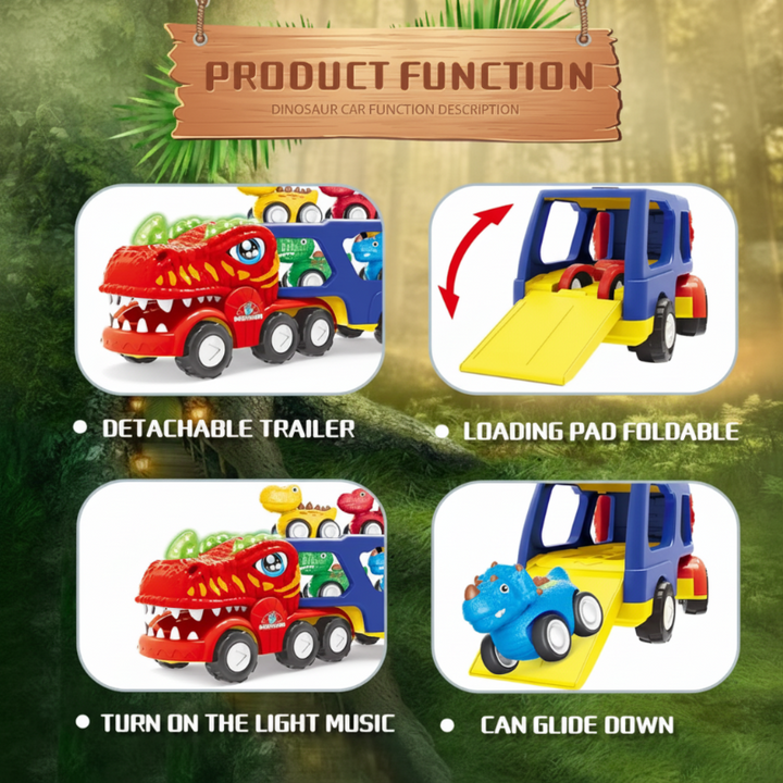 Four-panel graphic showing the dinosaur truck&