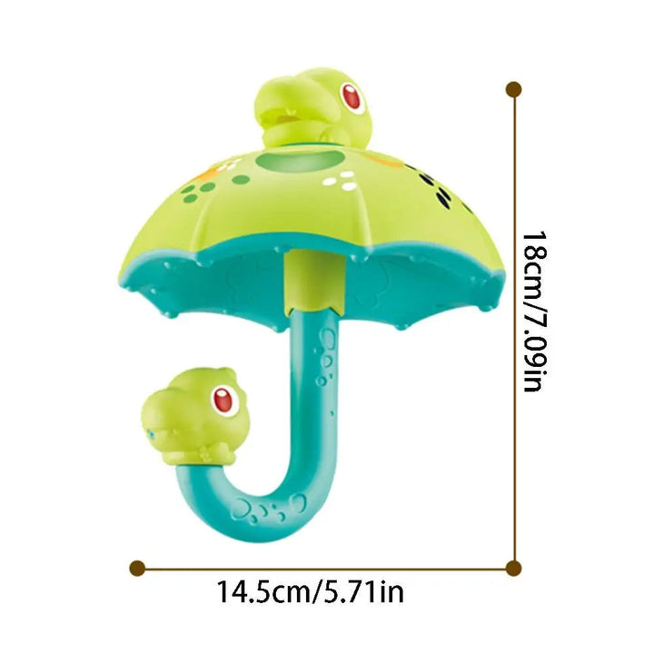 Dinosaur umbrella bath toy with dimensions labeled 14.5 cm wide and 18 cm tall