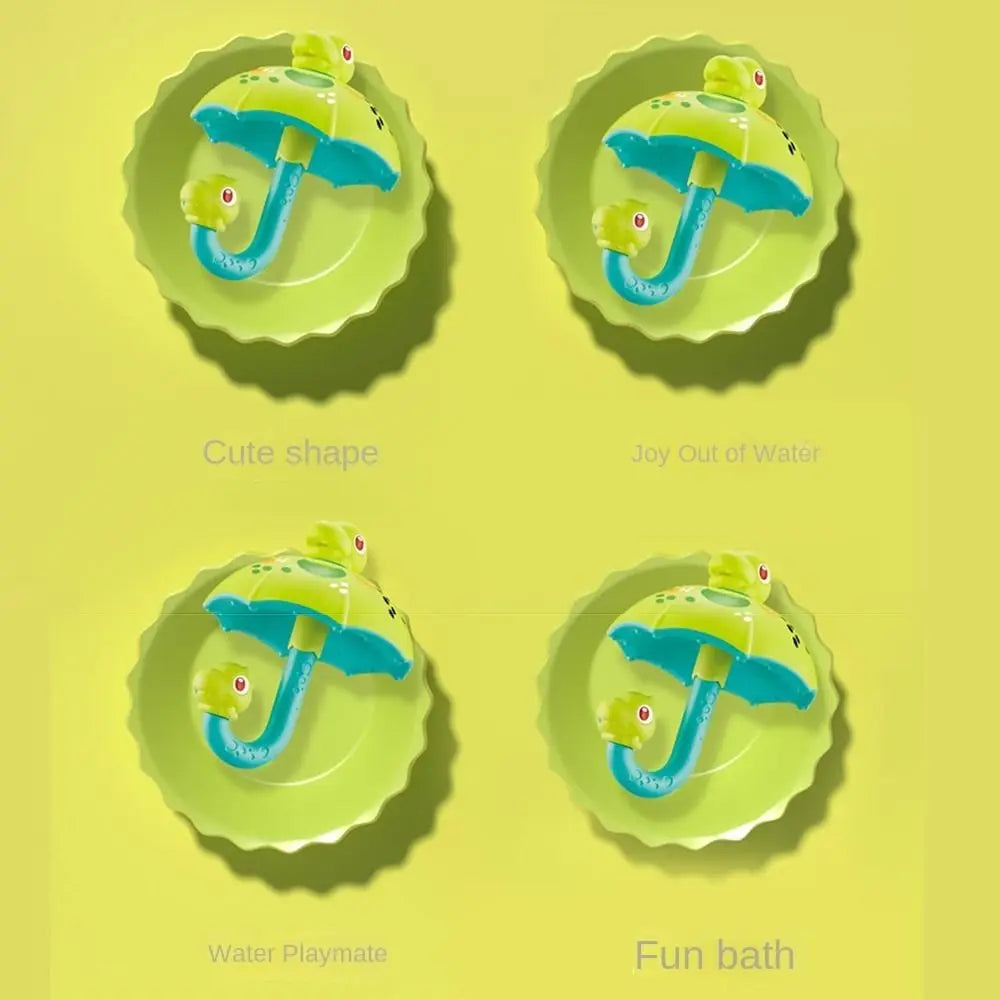 Four panels showing the green dinosaur umbrella bath toy against a yellow background