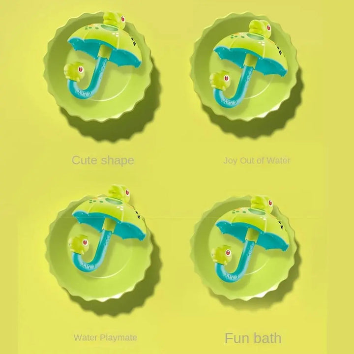 Four panels showing the green dinosaur umbrella bath toy against a yellow background