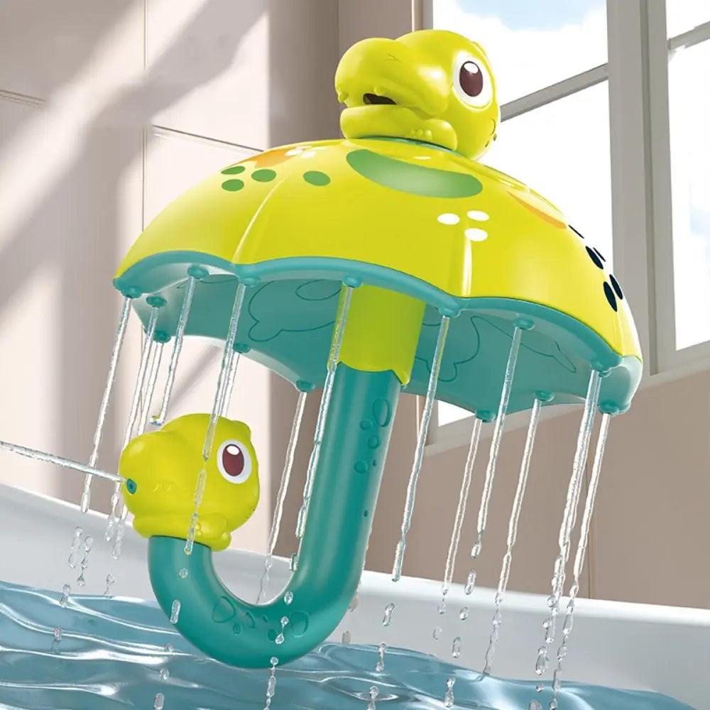 Green dinosaur umbrella bath toy with water streaming from the rim above a bathtub