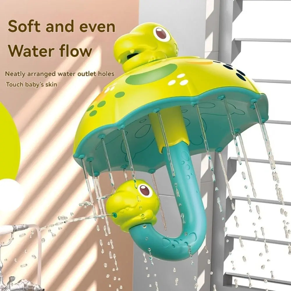 Close-up of water flowing from the holes around the dinosaur umbrella bath toy