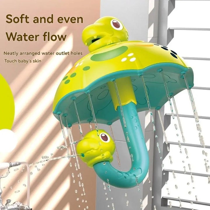 Close-up of water flowing from the holes around the dinosaur umbrella bath toy