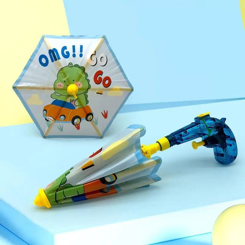 Blue dinosaur umbrella water gun shown with its canopy open and folded