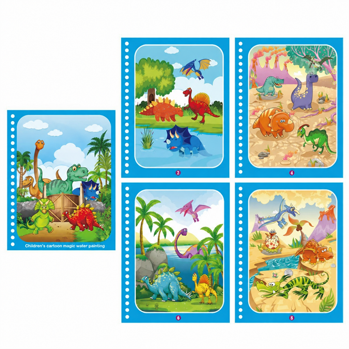 Dinosaur water coloring book cover with four prehistoric coloring scenes.