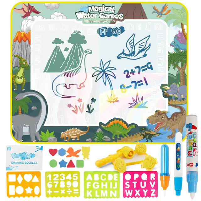 Dinosaur-themed water drawing mat with colorful doodles, water pens, shape pieces, stencils, and a roller