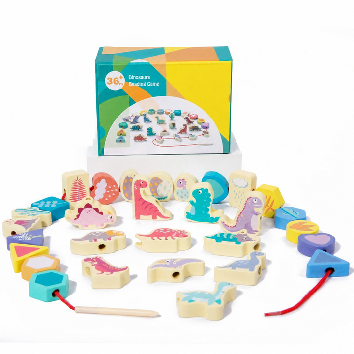 Dinosaur wooden lacing set with colorful beads, a red cord, wooden threading tip, and box.