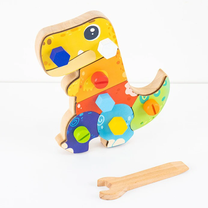 Wooden base dinosaur board option with colorful wooden fasteners and a wooden wrench