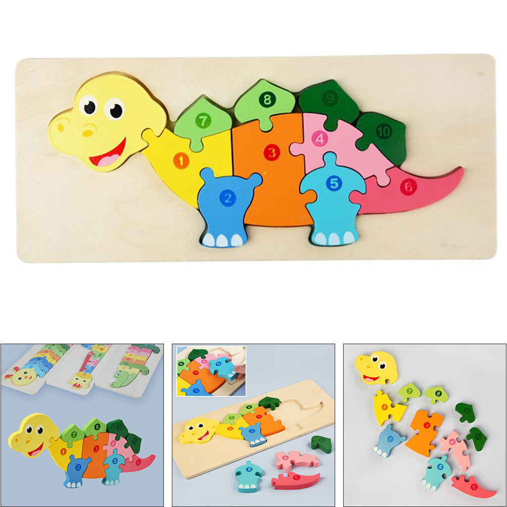 Dinosaur wooden number puzzle with smaller views of its interlocking pieces