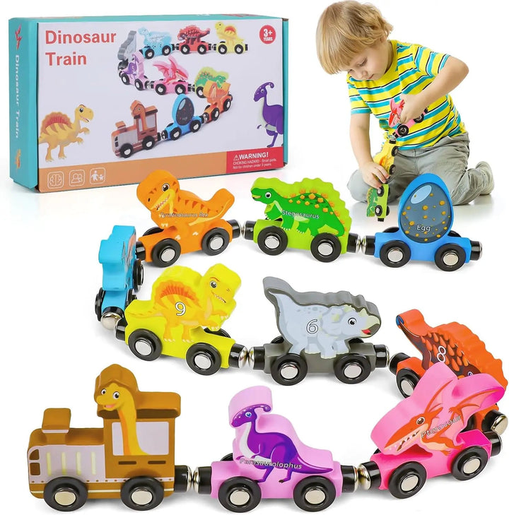 Dinosaur-themed wooden magnetic train with colorful dinosaur cars, a child, and the product box