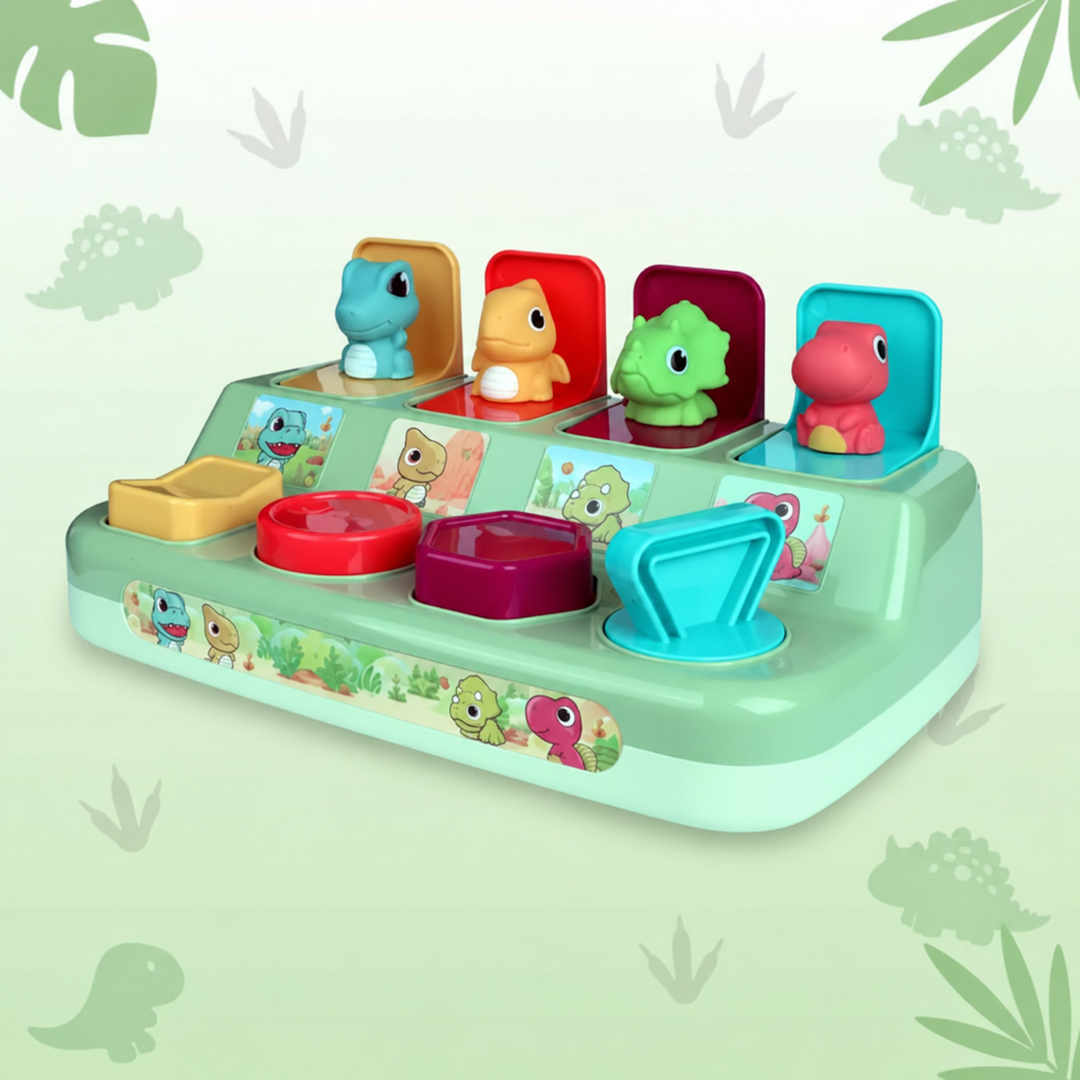 Dinosaurs activity toy with a green base and four colorful pop-up figures
