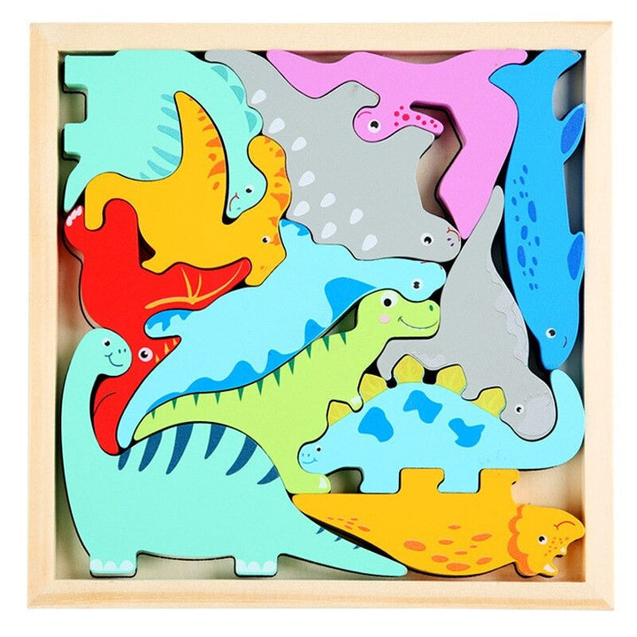 Wooden dinosaur puzzle with brightly colored dinosaur pieces fitted into a square frame