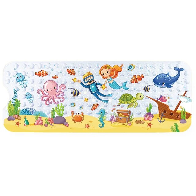 Ocean diving scene bath mat with cartoon divers and sea creatures above a yellow seabed