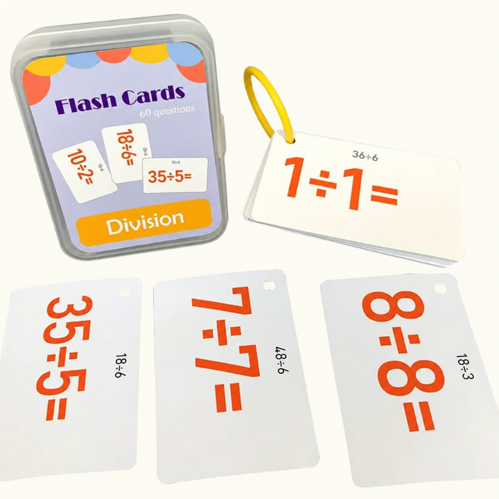 Division flash cards with orange equations, a yellow ring, and storage case.