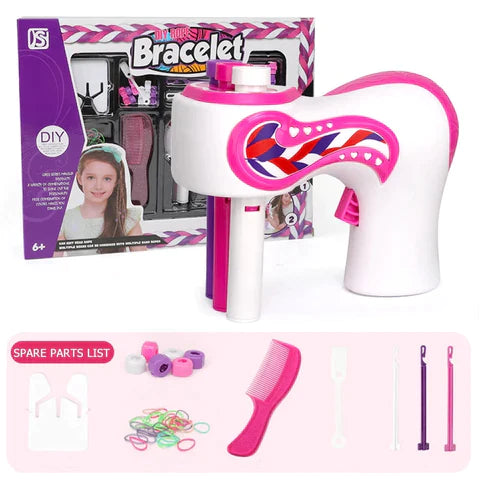 DIY bracelet-making set with a pink and white tool, comb and accessories