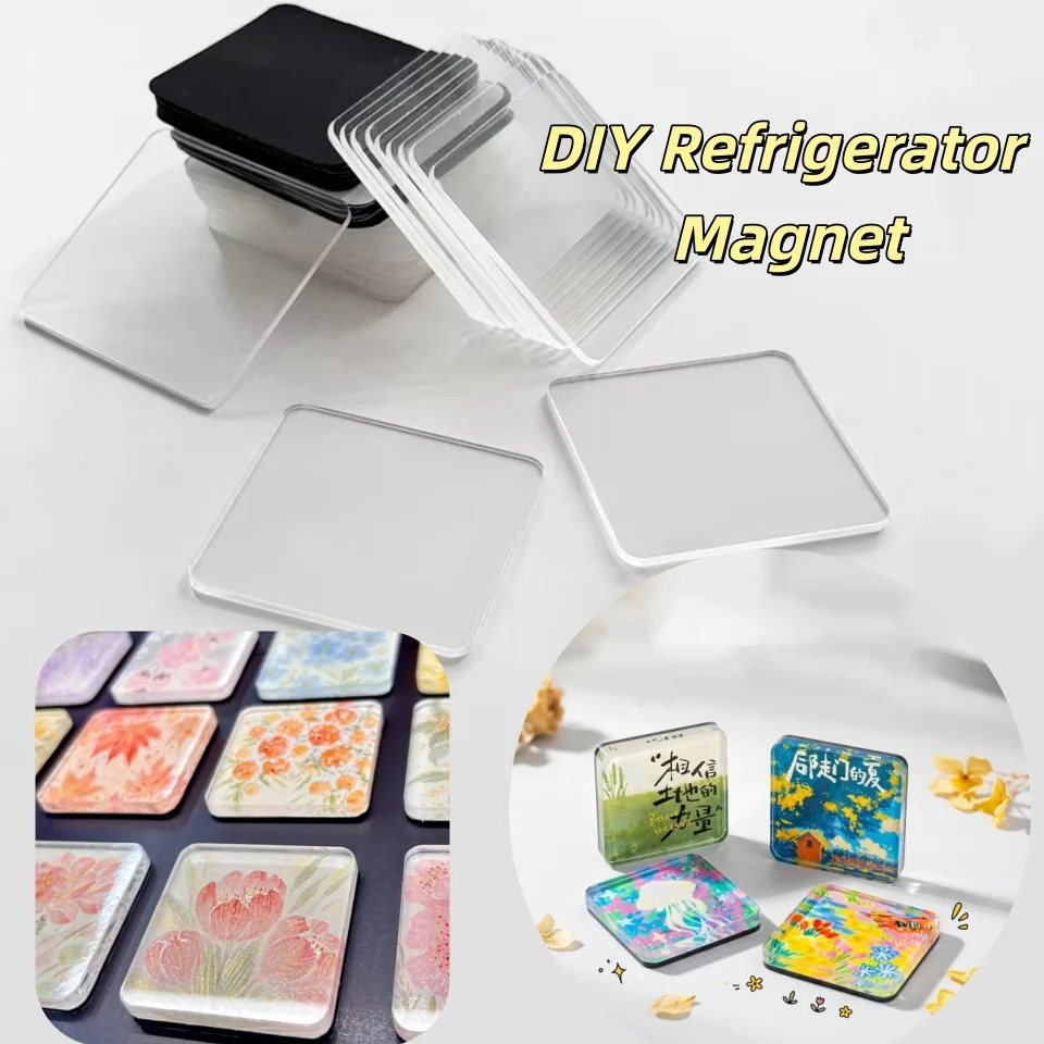 Clear acrylic squares, black magnetic backings and examples of finished decorative fridge magnets.