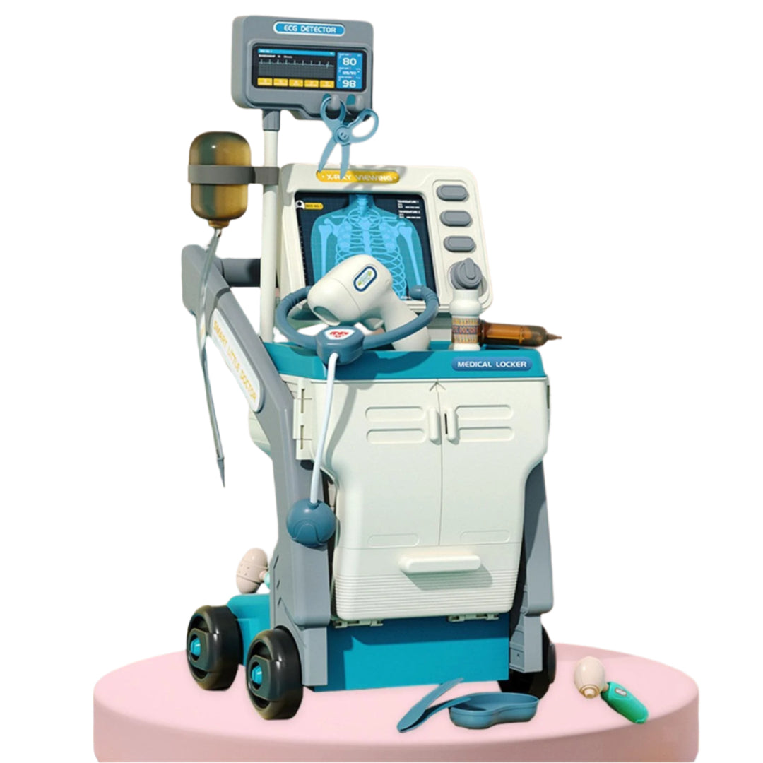 Doctor play cart with a front cabinet and toy instruments on the top tray