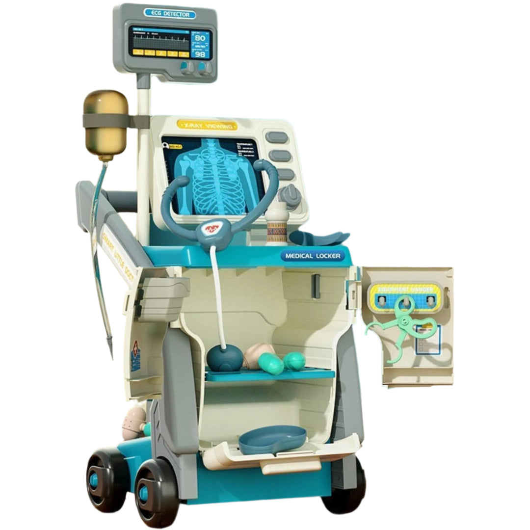 Doctor play cart with its storage compartment open and toy medical tools inside