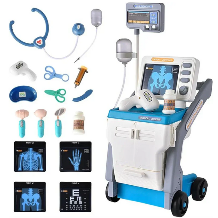 Doctor cart play set with a toy stethoscope, syringe, medical tools, and pretend X-ray and eye chart cards