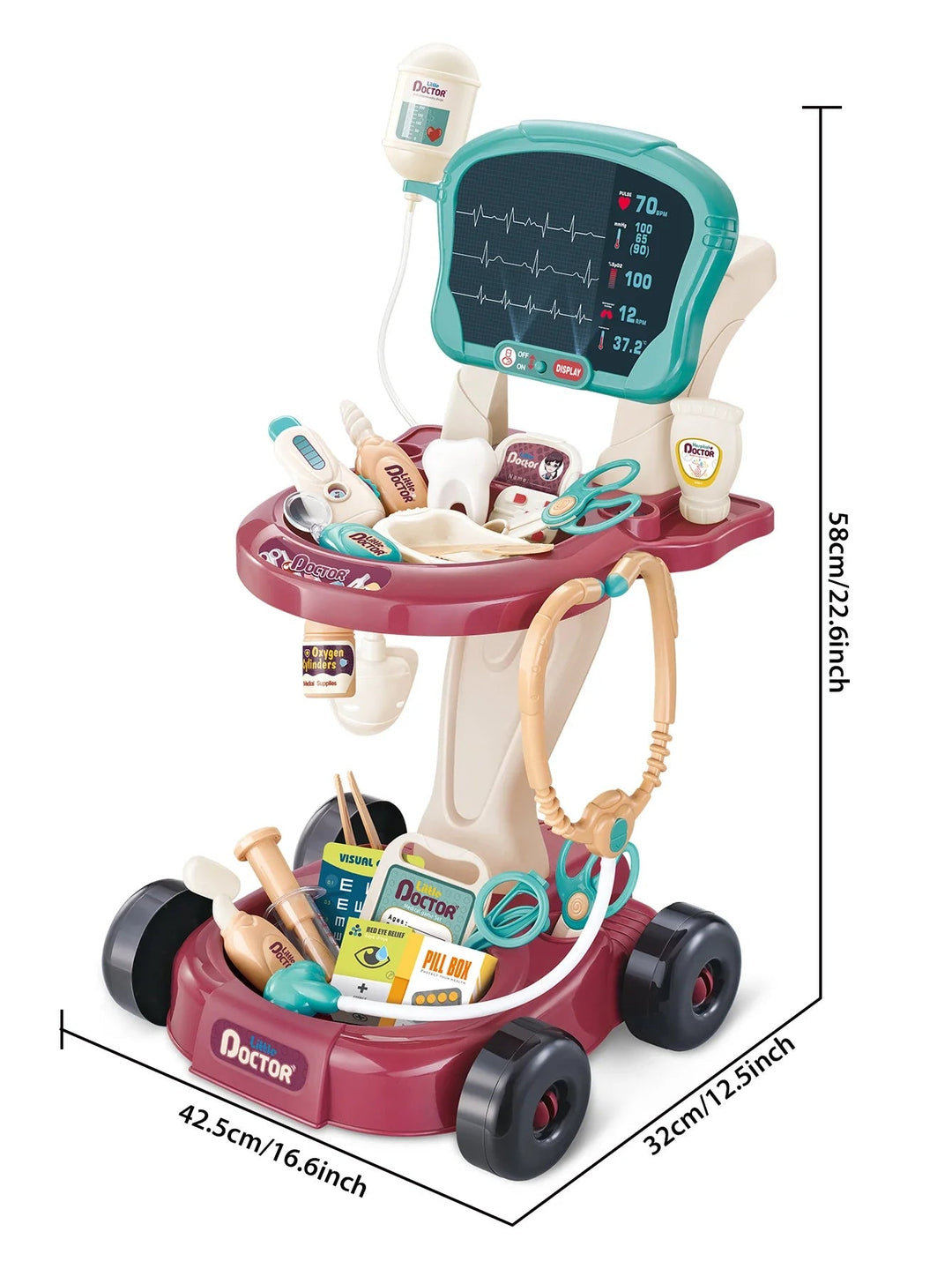 Doctor toy cart with measurements of 42.5 cm wide, 32 cm deep, and 58 cm tall
