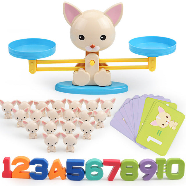 Dog balance game set with matching counters, activity cards, and numeral weights from 1 to 10