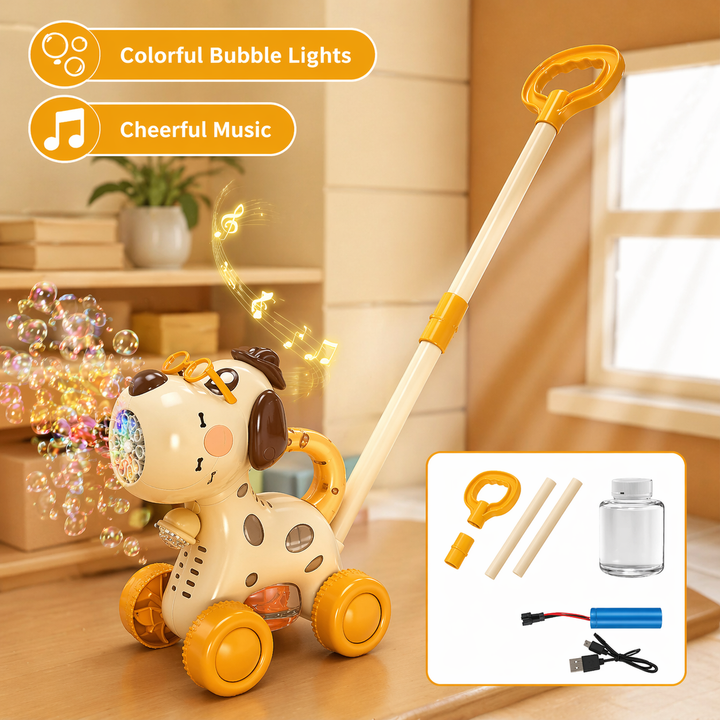 Dog bubble push cart with yellow wheels, a long handle and front bubble outlet.