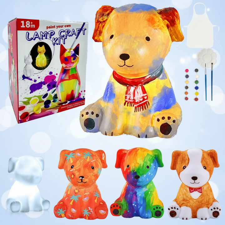 Dog lamp painting kit with a yellow and blue puppy, paints, brushes, and sample color schemes.