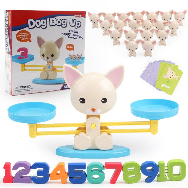 Dog counting game with a balance scale, numeral weights, animal counters, activity cards, and box