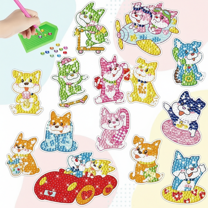 Colorful dog diamond painting stickers with skateboards and a race car