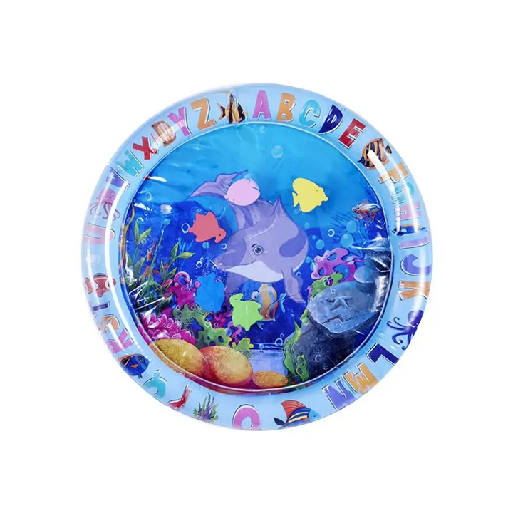 Round dolphin water mat with an alphabet border and colorful floating sea shapes