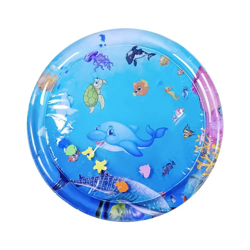 Blue round water mat with a dolphin, turtle, and underwater animal illustrations