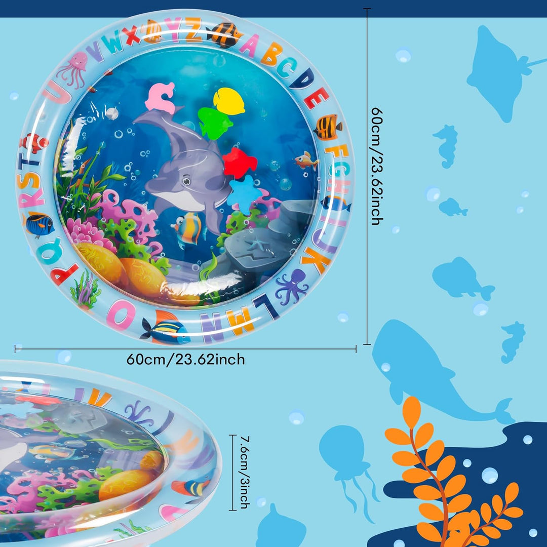 Dolphin water mat measurement graphic showing the round shape and side profile