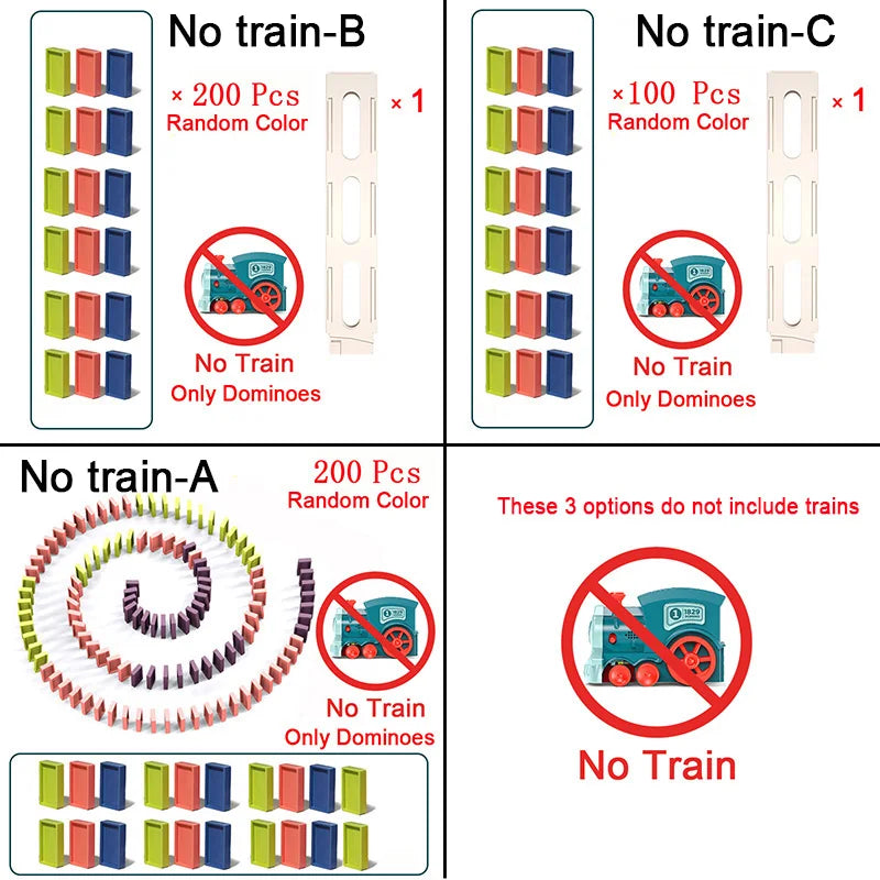 Diagram of domino-only options with colorful blocks, loading holders, and crossed-out train symbols