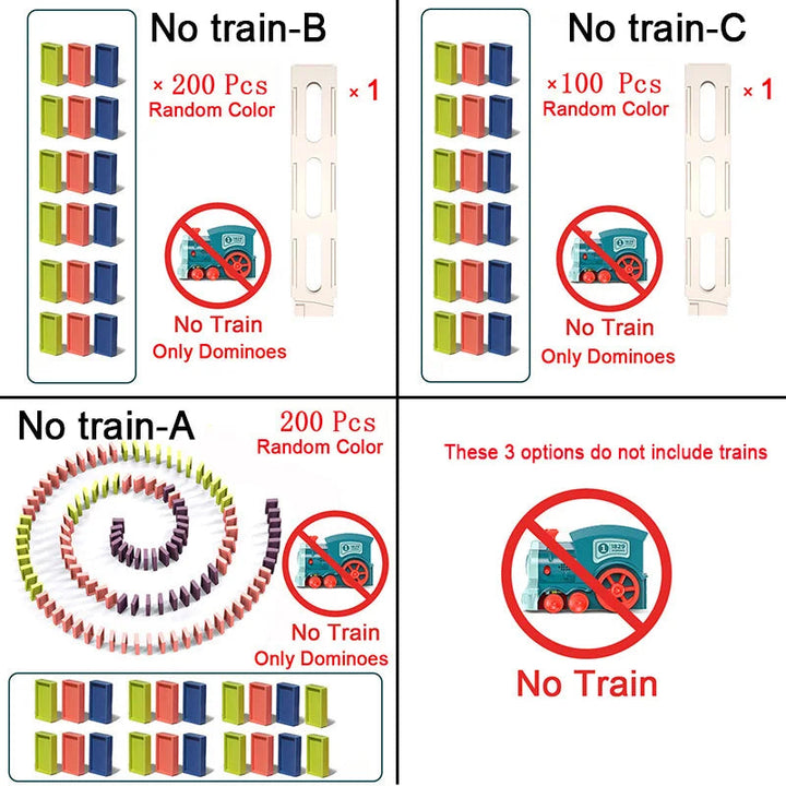 Diagram of domino-only options with colorful blocks, loading holders, and crossed-out train symbols