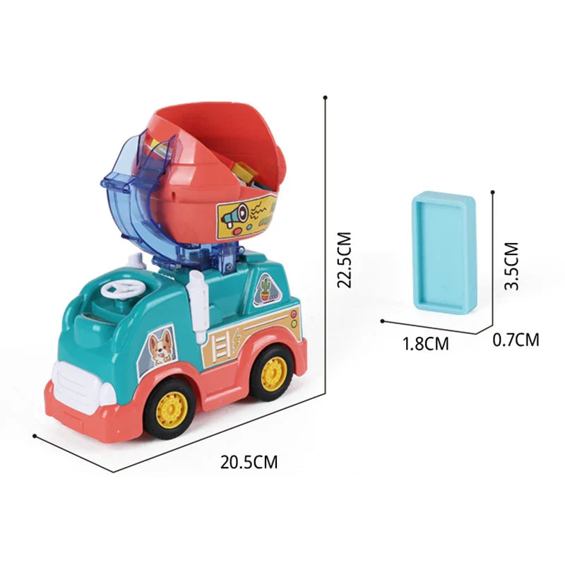 Measurement diagram showing a 20.5 cm long, 22.5 cm tall toy truck and the dimensions of a domino
