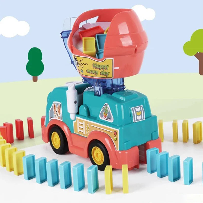 Rear view of the domino toy truck surrounded by curved rows of colorful dominoes