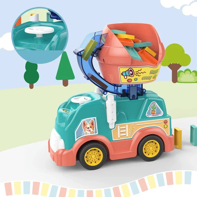 Domino toy truck with an open hopper and an inset showing its white steering wheel