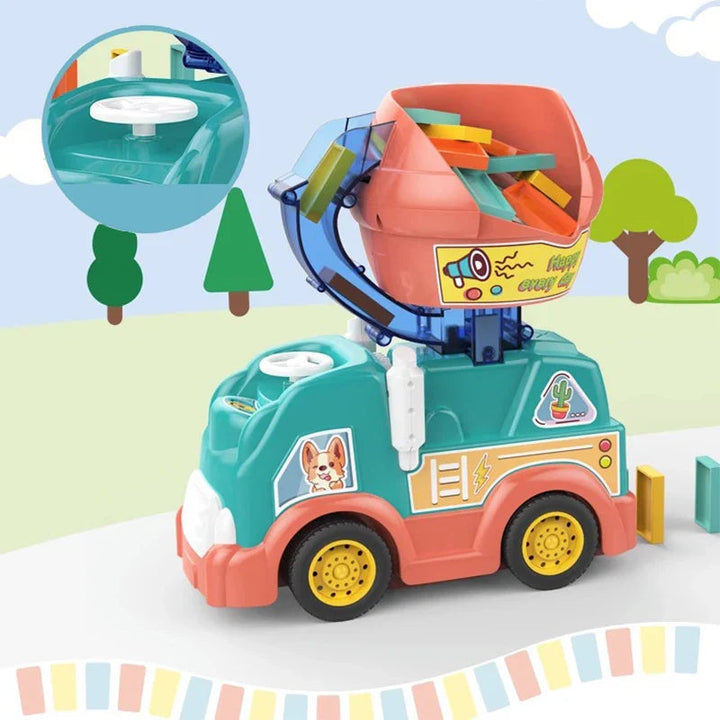 Domino toy truck with an open hopper and an inset showing its white steering wheel