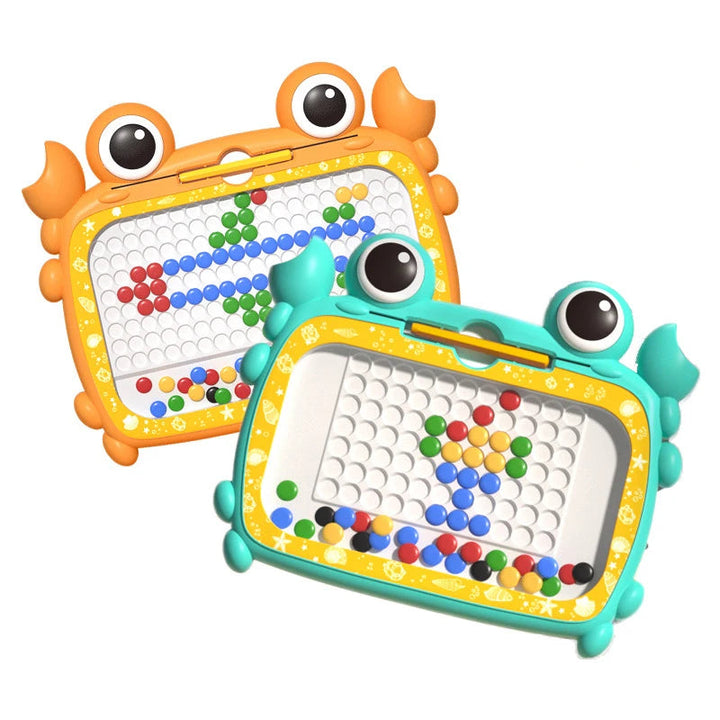 Green and orange crab-shaped magnetic drawing boards with colorful bead designs