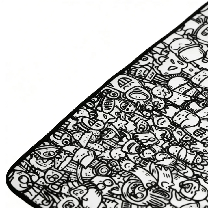 Close-up of detailed black-and-white doodles and the mat&
