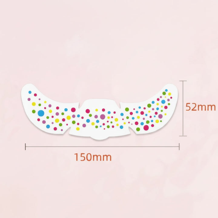 Multicolored dot face sticker sheet with measurements of 150 mm wide and 52 mm high