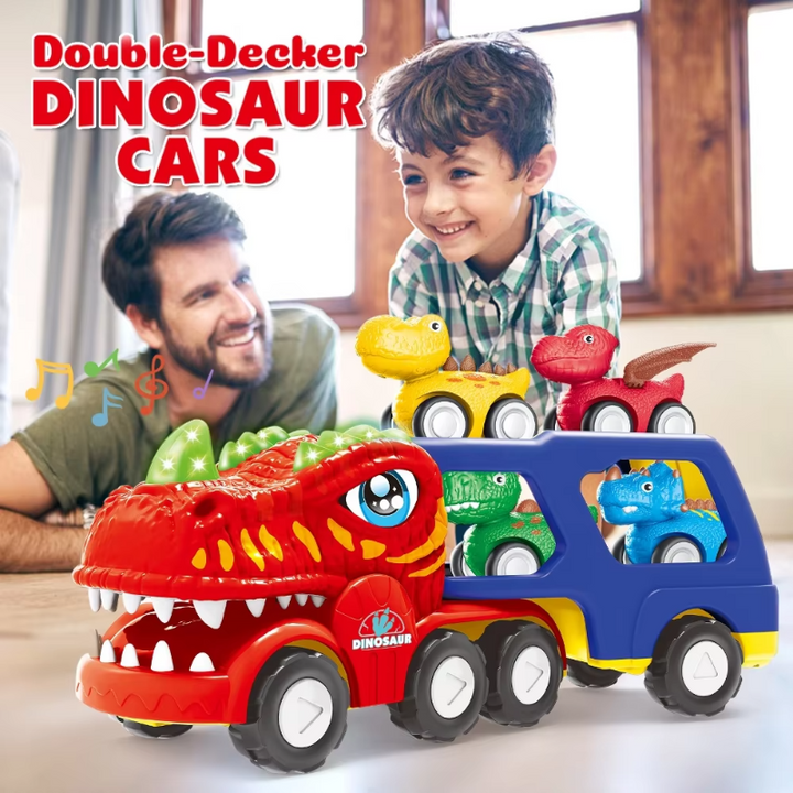 Double-decker dinosaur transporter with small vehicles, shown with a child and adult.