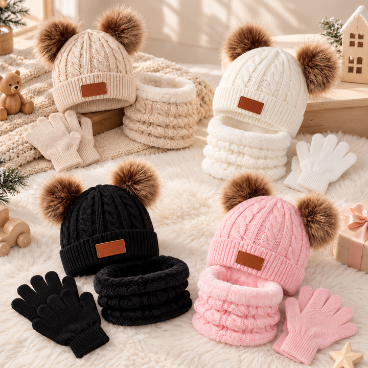 Beige, white, black, and pink knit winter sets with double-pom-pom hats, loop scarves, and gloves