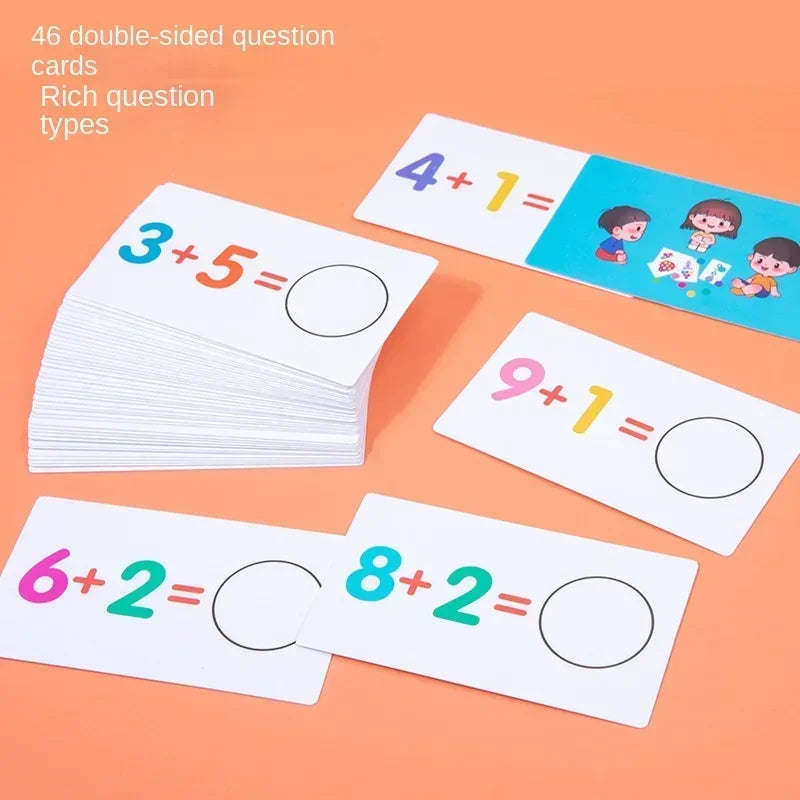 Double-sided arithmetic cards with blank answer circles and colorful equations