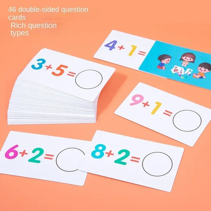 Double-sided arithmetic cards with blank answer circles and colorful equations