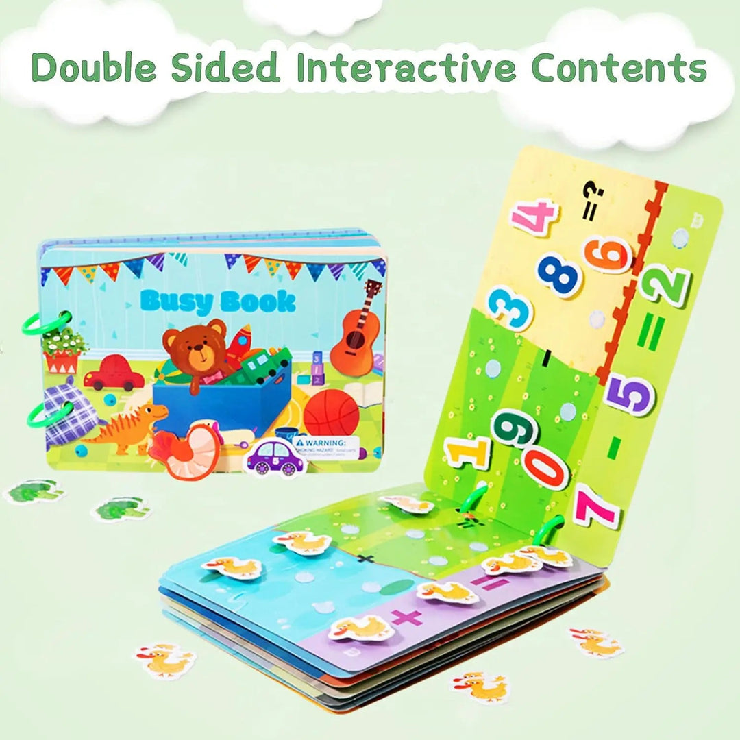 Busy book displayed with double-sided activity pages and colorful number-matching pieces
