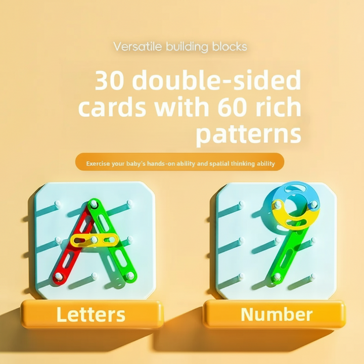 Letter A and number 9 pegboard designs illustrating patterns from the double-sided cards