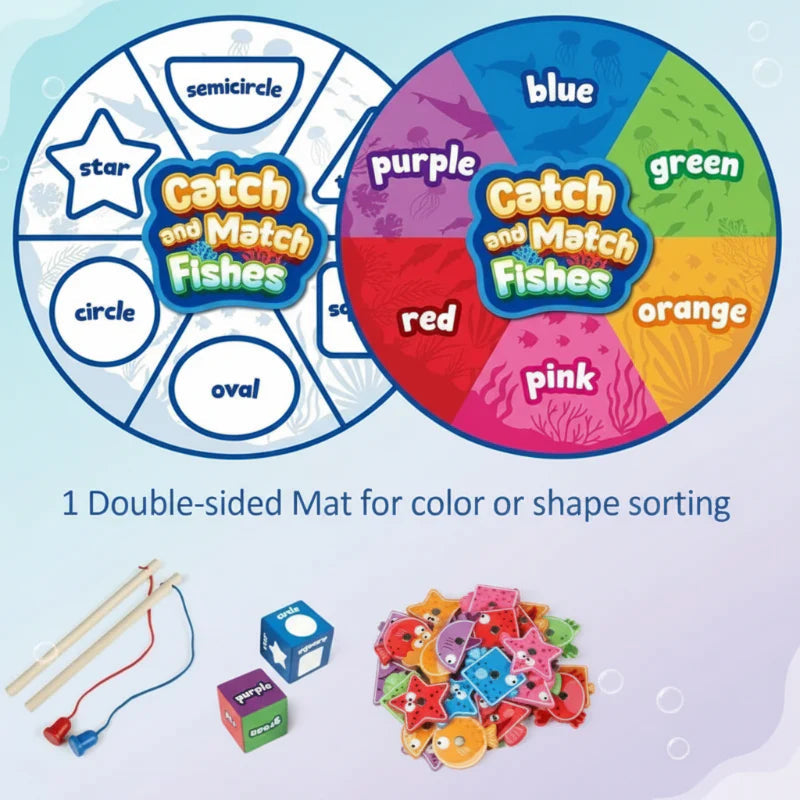Both sides of the color and shape sorting mat with two rods, two dice, and wooden fish