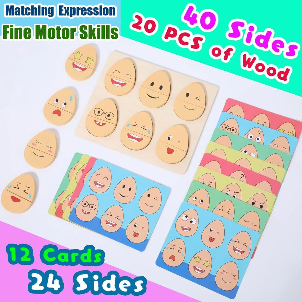 Expression matching set showing 20 double-sided wooden pieces and 12 double-sided cards