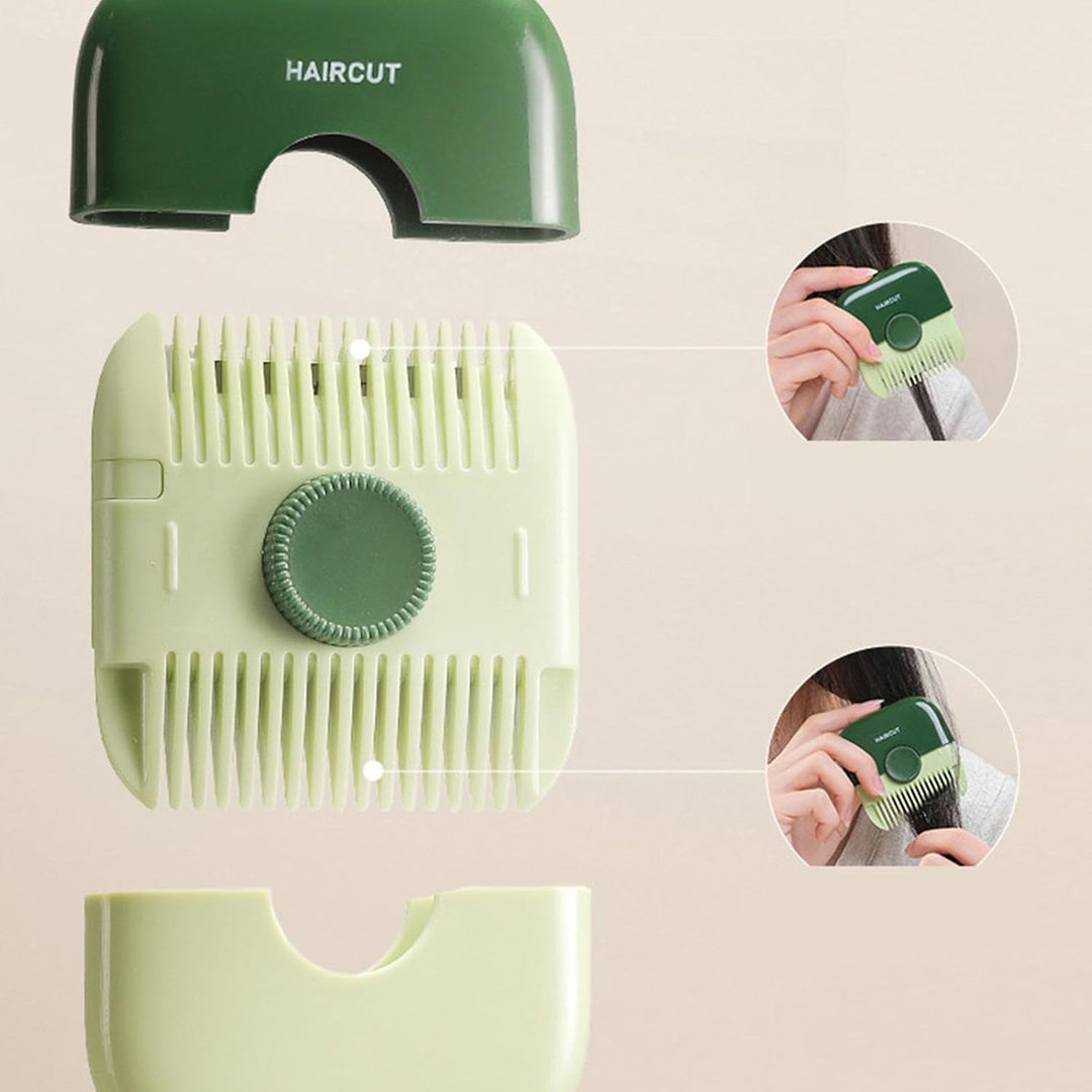 Green double-sided hair trimmer with both covers removed and close-ups of each comb edge in use